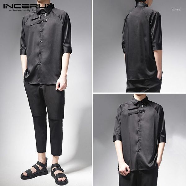 

mens vintage half sleeve shirt male turndown collar solid color camisa black casual slim blouse man fashion stylish incerun1, White;black