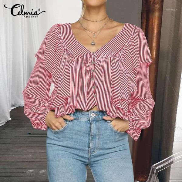 

celmia women fashion striped ruffled button elegant blouse casual v-neck long sleeve office shirt plus size loose blusas 71, White