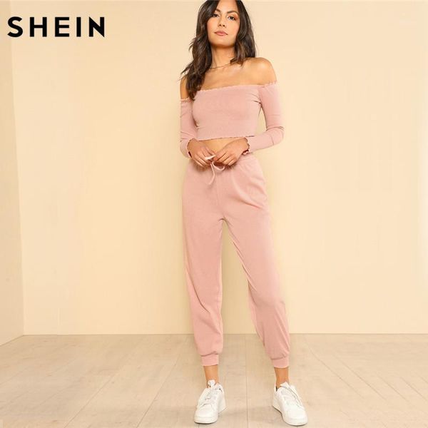 

shein women 2 piece set and pants casual woman set pink off the shoulder crop bardot and drawstring pants1, White