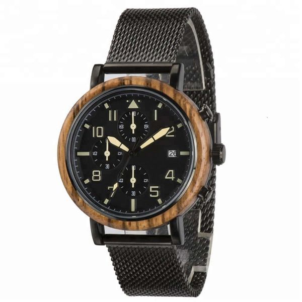 

multifunctional fashion metal plus wood men's watch six pin sandalwood stainless steel mesh belt wood watch, Slivery;brown
