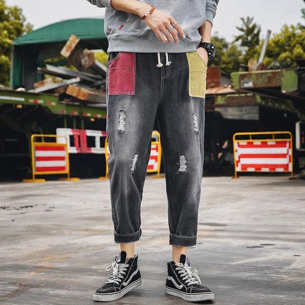 

beggar with holes contrast color jeans male capri versatile plus-sized loose fat with dstring harem pants1, Blue