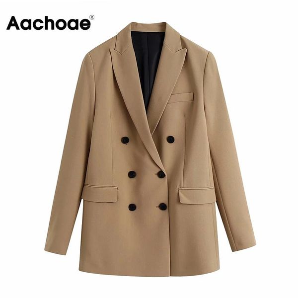

aachoae casual double breasted khaki blazer women notched neck lady elegant coat long sleeve office outwear autumn spring, White;black