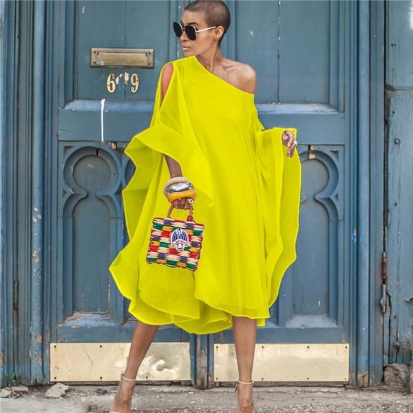 

2021 spring summer long loose plus size chiffon dress hip hop butterfly sleeve slash neck maxi vestido women md775, Black;gray