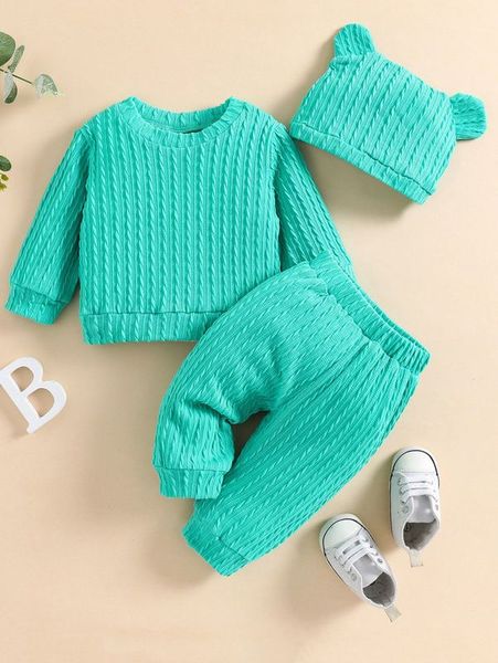 

baby textured sweatshirt & sweatpants with 3d ears design hat she, White