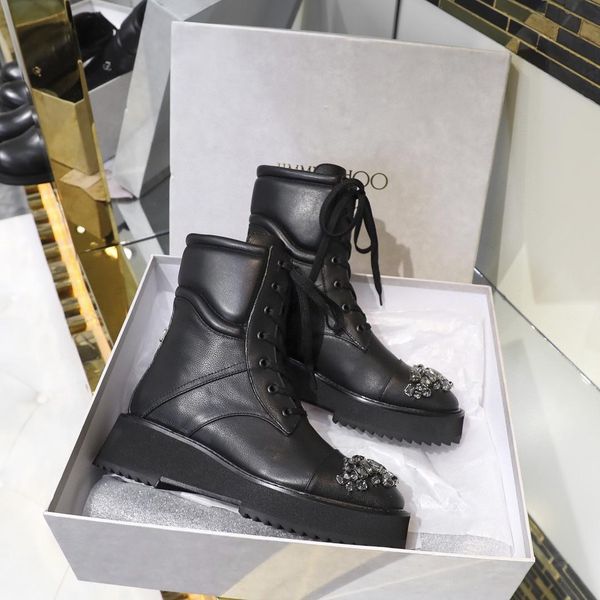 

designer womens boots black transparent rhinestone embellished lace-up leather pointed head low heel with box size 35-40