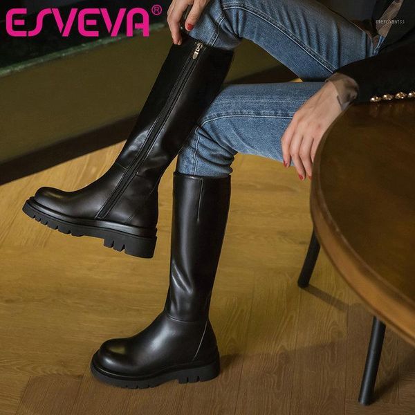 

boots esveva 2021 round toe genuine leather+pu knee high women winter shoes med heel black zipper size 34-431