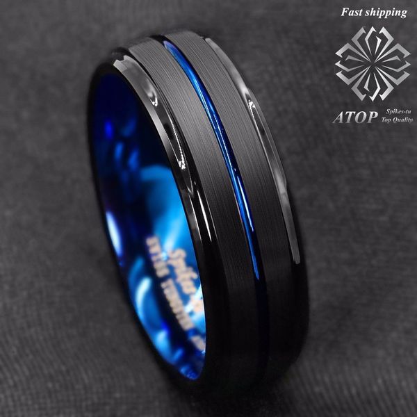 

8mm black brushed ladder edge tungsten ring blue stripe amens wedding band 201110, Silver