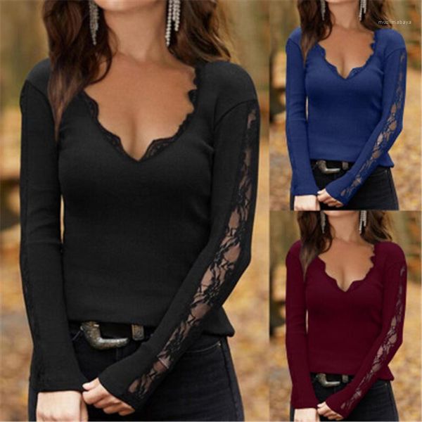 

v-neck long sleeve tees spring female new casual slim bottoming tshirts women lace mesh t-shirt fashion trend, White