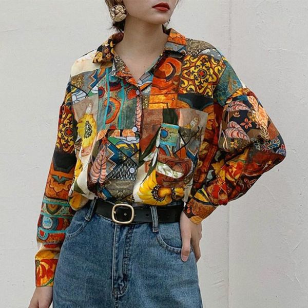 

women retro sunflower print shirt oil painting print design blouse girl loose lapel and blouses autumn female 2021 new, White