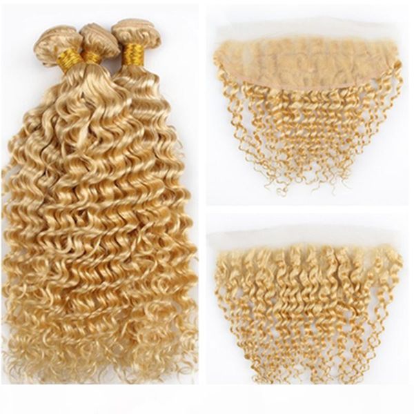 

deep wave #613 blonde virgin brazilian human hair 3bundles with frontal blonde wavy hair weaves wefts with 13x4 lace frontal closure, Black;brown