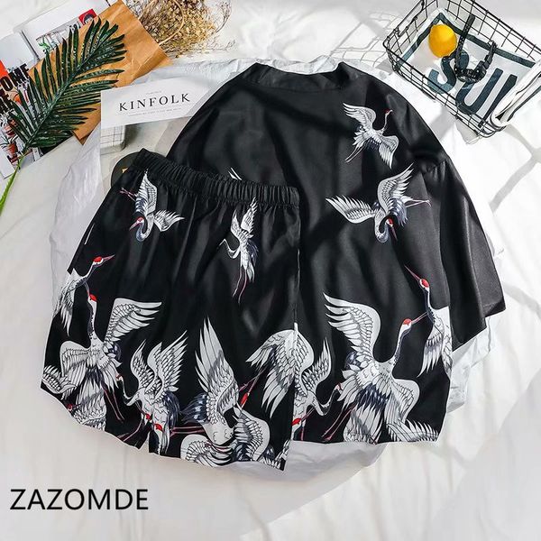 

zazomde summer mens kimono jacket plus size cardigan patterns open stitch fish crane pattern harajuku men clothing set 201109, Gray