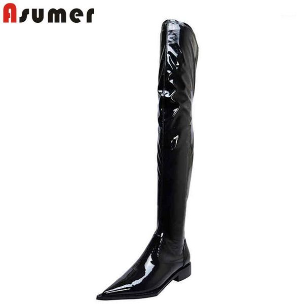 

boots asumer 2021 genuine leather pointed toe thigh stretch patent over the knee women1, Black