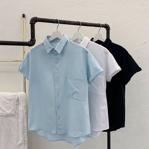 

2020 summer men 4xl casual shirts solid white short sleeve cotton linen dress shirts camisa masculina y0061, White;black