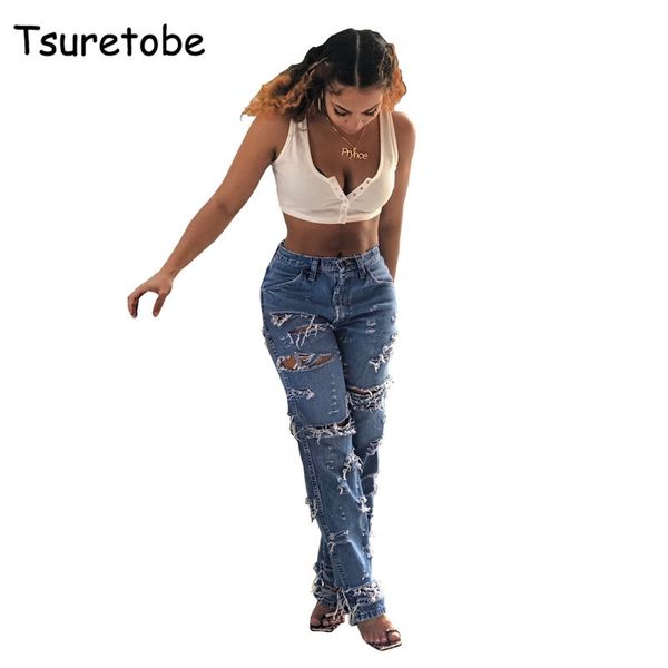 

tsuretobe casual hole jean pants women destroyed ripped distressed slim trousers ladies fashion hollow out deans pant female 201029, Blue