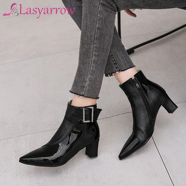 

lasyarrow 2021 buckle zipper pointed toe ankle boots autumn winter pu leather women shoes square heel fashion ladies pumps, Black