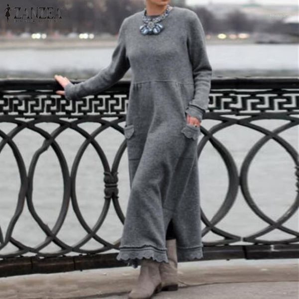 

plus size women's hoodies dress zanzea 2020 bohemian lace patchwork maxi dress casual long sleeve vestidos female solid robe1, Black;gray