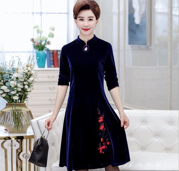 

new long-sleeved women gold embroidered style dress large size xw30, Black;gray