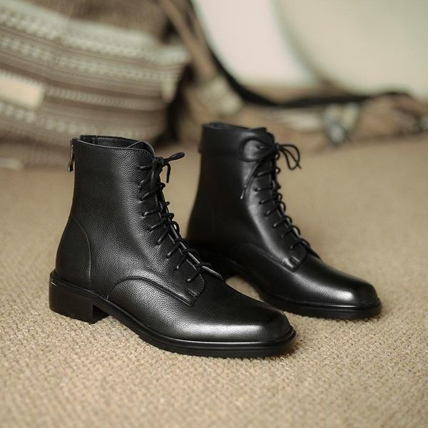 

boots sklfgxzy black riding genuine leather female women's lace-up cowhide shoes 34-40