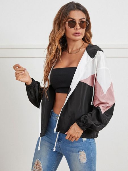 

color block drawstring hooded wind jacket 66oz#, Black;brown