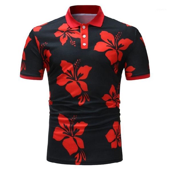 

slim fit floral print summer men short sleeve shirt red black1, White;black