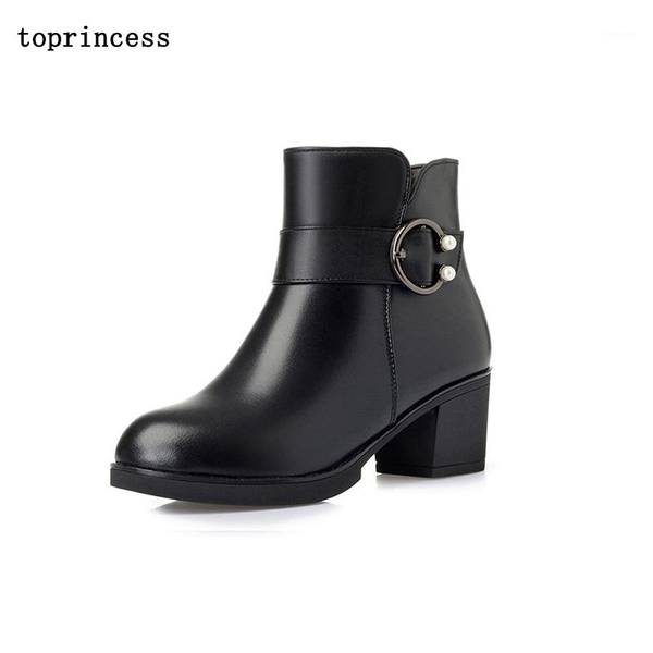 

bn08 incess ladies fashion snow boots round toe leather wool or faux fur lined boots use real fur designe1, Black
