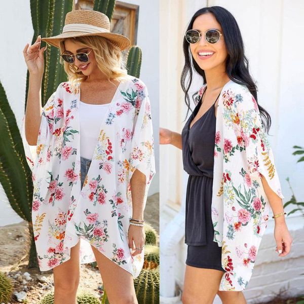 

colorful floral kimono mujer 2021 bluse feminino summer beach long cardigan women vintage boho blouse kimono femme shirt g31, White