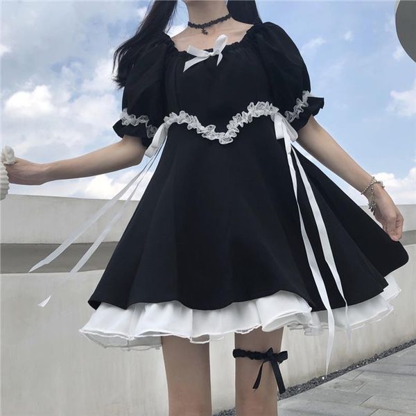 

japanese summer kawaii soft girly dress vintage square collar cute lace lace up bow sweety ruffles puff sleeve dress black, Black;gray