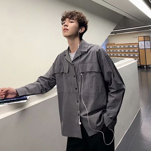 

qpvoj chic spring korean fashionable long-sleeved style casual tooling men's clothes pocket exquisite large shirt base shirt fashion fx, Blue