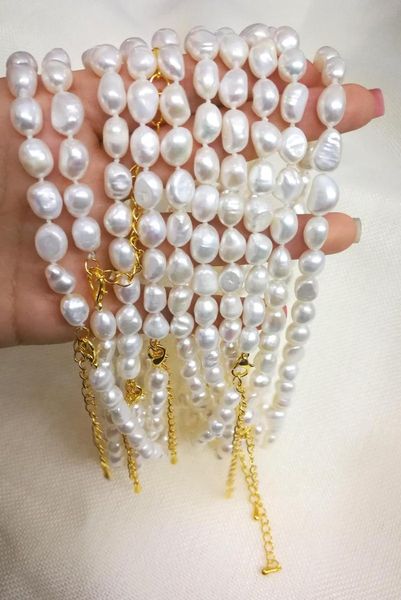

chokers 10pcs / lot 9-10mm white baroque pearl choker necklace gold clasp 35cm +7cm chain 14- 17'' real freshwater women jewelry, Golden;silver