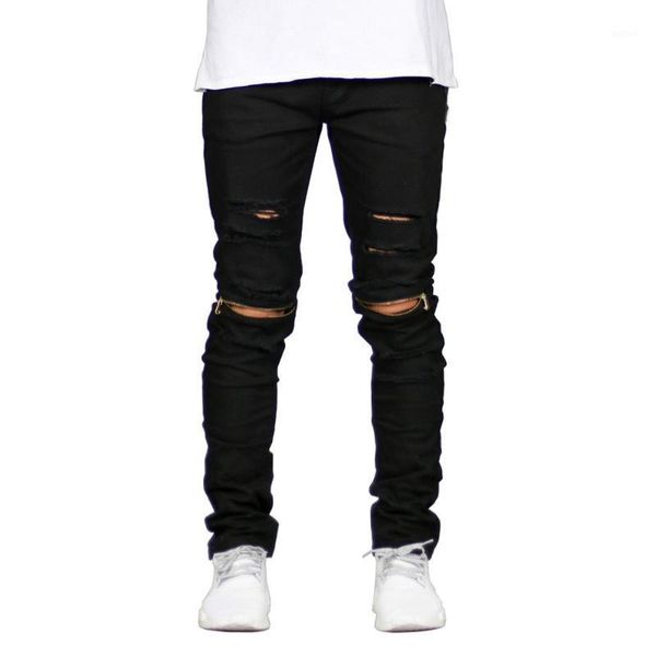 

2020 ripped straight jeans men slim fit zipper jeans men's hole denim fabric hip hop skinny cotton white blick pants casual mens1, Blue