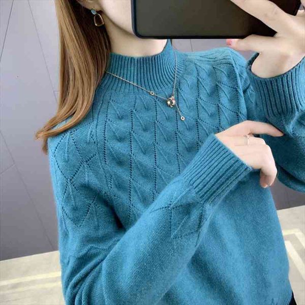 

weihaobang autumn winter womens knitted sweater half high neck solid color loose casual knitted long sleeved sweater, White;black