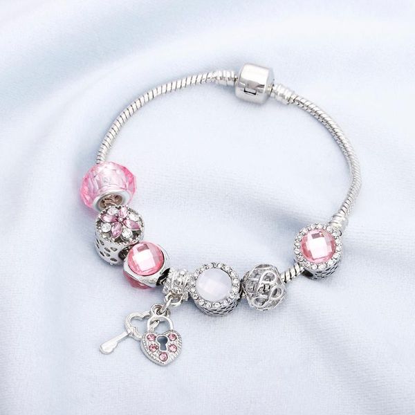 

новый fine розовый кристалл из бисера браслет с key lock подвеска змея цепь fit braceletsbangles женщин шарма подарка ювелирных изделий puls, Golden;silver