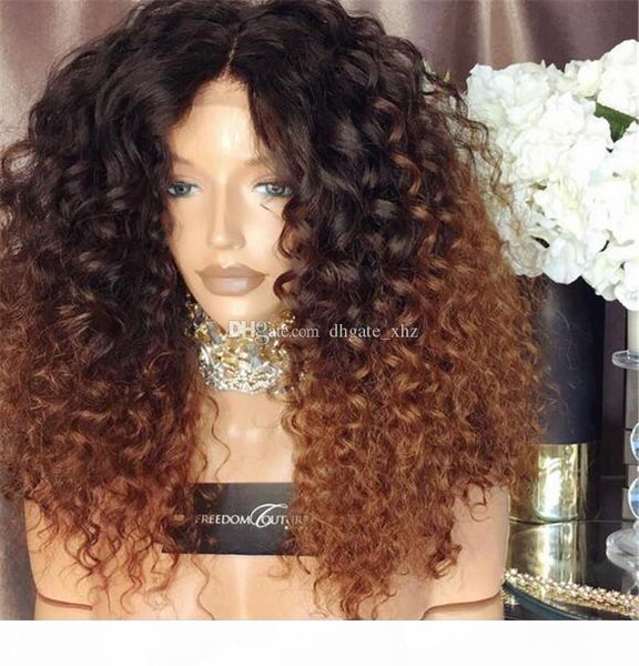 

two tone 1b#30 ombre brazilian deep wavy human hair wigs glueless full lace wigs lace front wigs for black women, Black;brown