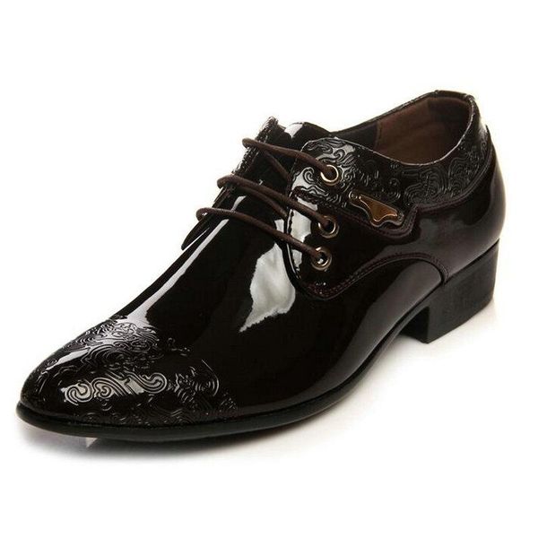 

mens fashion wedding shoes pointed toe dress shoes mens patent leather business lace up flats 756, Black
