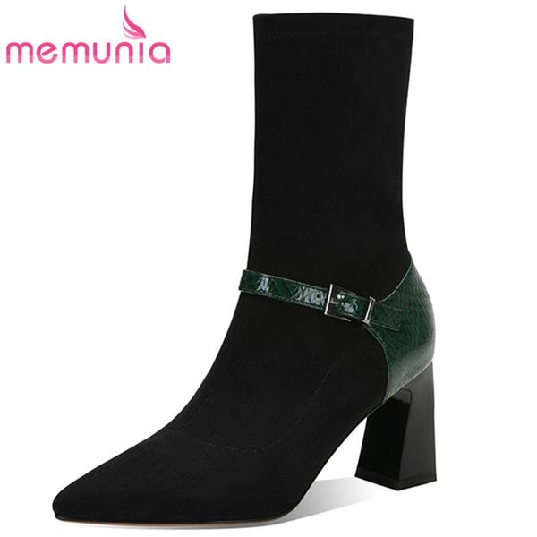 

memunia 2021 big size 34-42 flock stretch boots women high heels casual shoes pointed toe buckle autumn ankle boots women, Black