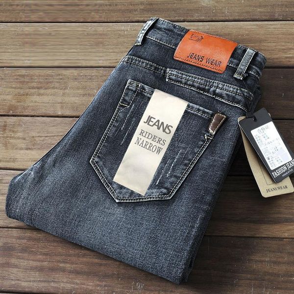 

autumn trend men's jeans straight loose pants men's decoration body elastic mid-waist business casual pants., Blue
