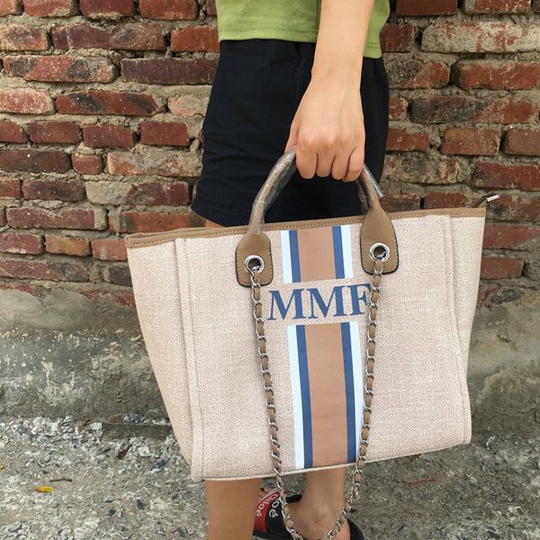 

custom monogrammed striped bridal honeymoon canvas handbags shopping shoulder jute bag bridesmaid gift beach mommy bags 1027