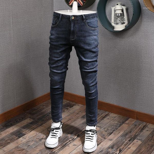 

japanese fashion men jeans black blue slim elastic jeans men denim pencil pants streetwear vintage designer1