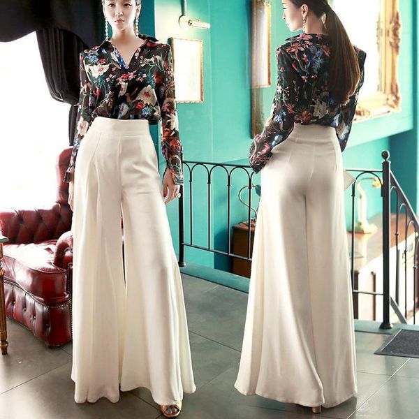 

2020 new women's baggy pants wide-leg chiffon linen yarn high waist plus size flared pants white black beautiful loose trousers, Black;white