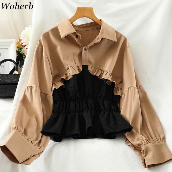 

woherb blusas mujer de moda vintage patchwork shirt pleated contrast color short blouses fashion ruffles female 4e606 201202, White