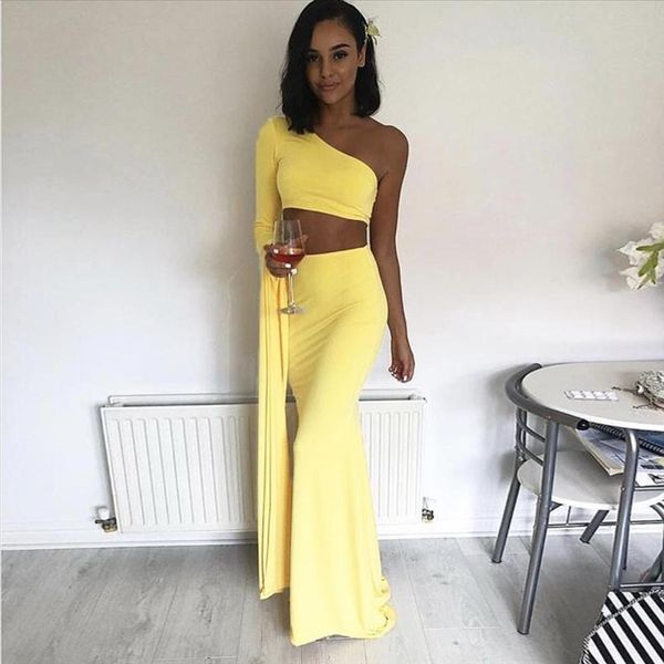 

celebrity party two piece set women one shoulder crop floor length mermaid bodycon maxi skirt elegant 2 ps suit solid, Gray