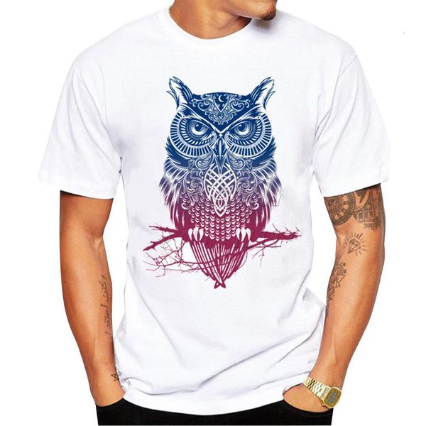 

men tshirt white color stylish owl pattern printing casual short sleeves round collar lovers t-shirt male clothes, White;black
