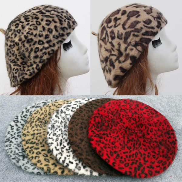 

berets outdoor painter hats winter warm hat beautiful fur leopard print beanie artist fashion vintage caps women beret cap, Blue;gray