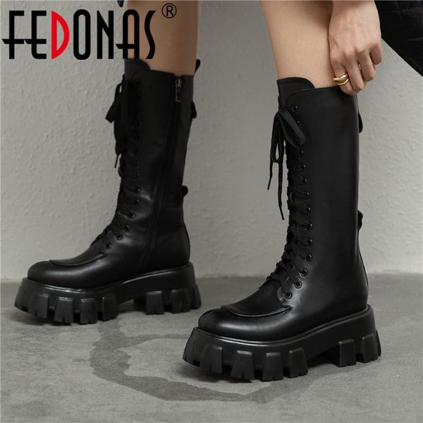 

boots fedonas leather motorcycle winter small bag side zipper genuine chunky heels mid-calf party shoes woman, Black