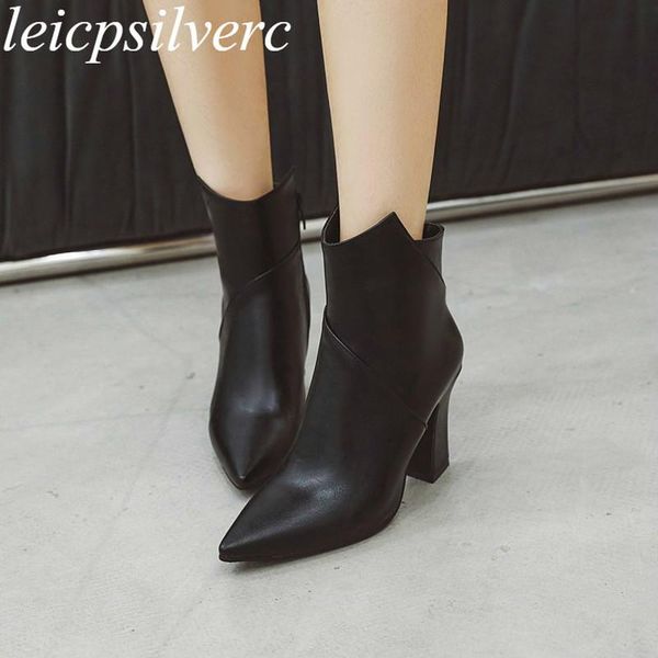 

women boots autumn winter super high heel pu zip pointed toethick heel ankle new simple versatile booties fashion big size34-48, Black