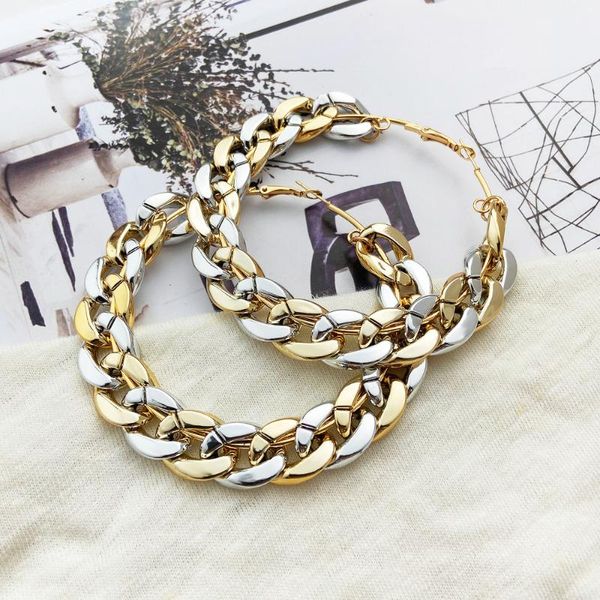 

hoop & huggie 2021 alloy earrings woman, creative retro personality gold and mixed color thick chain, Golden;silver