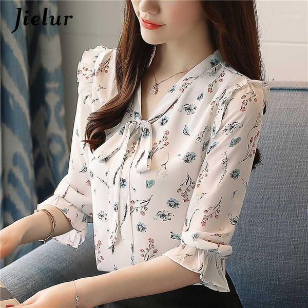 

2020 autumn three quarter women's blouses print floral print chiffon shirts casual lace up female blusas ladies s-xxl1, White
