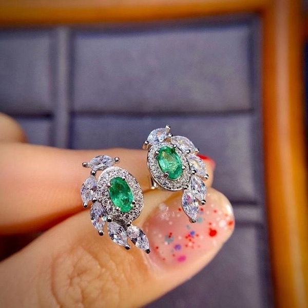 

stud meibapj natural columbia emerald gemstone leaf earrings real 925 silver fine charm jewelry for women, Golden;silver