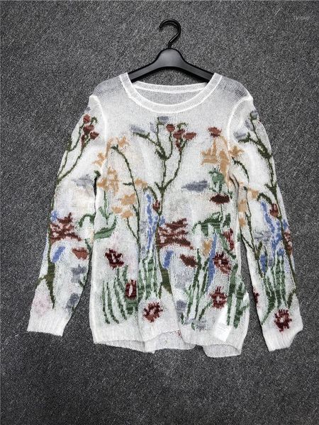 

perspective woman sweaters cashmere flower design mohair alpaca hair 2020 autumn light thin loose knitted blouse sweater women1, White;black