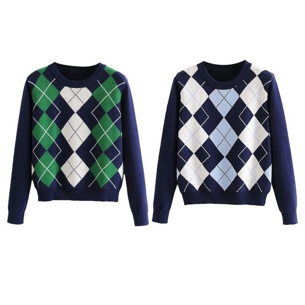 

women preppy style long sleeve sweater contrast color argyle plaid knitted pullover vintage crew neck loose jumper, White;black